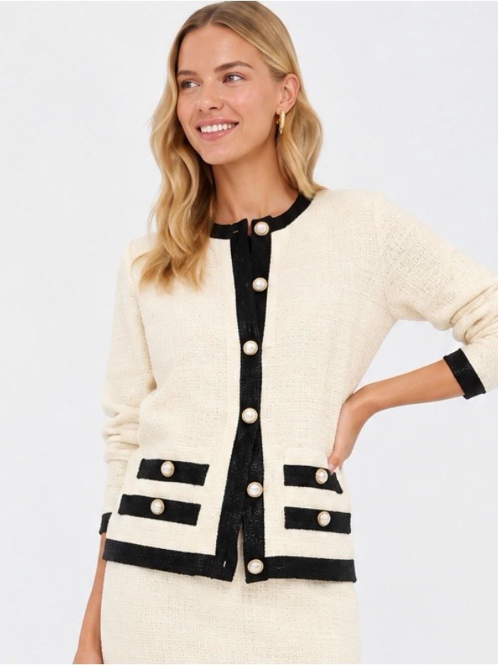 Tuckernuck Stefi Sweater Cream & Black Cardigan Gold Button Front Size XS NWT